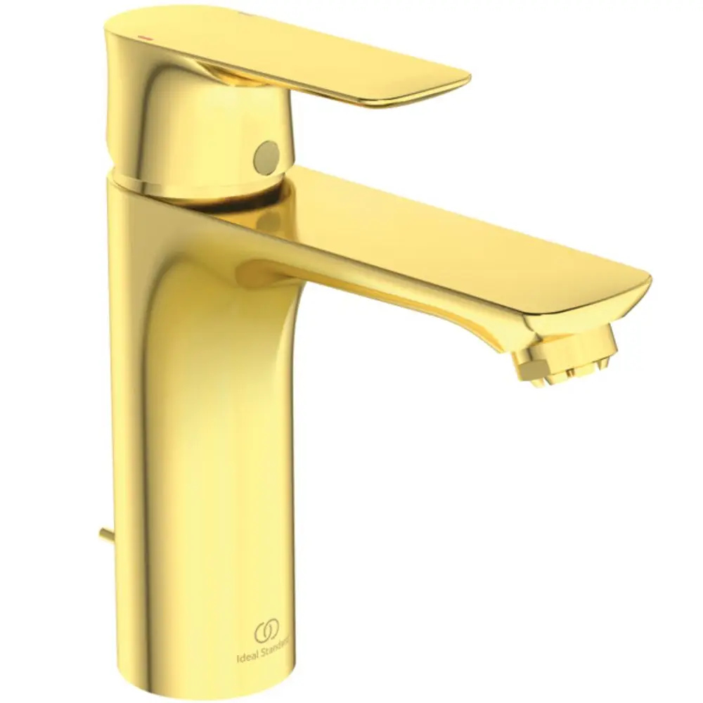 Mischerarmatur in Brushed Gold von Ideal Standard, mit einem geschwungenen Auslauf und einem Hebel zur Temperatur- und Wassermengenregulierung.